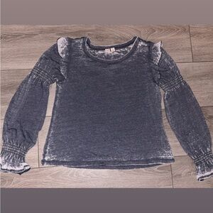 Melrose & Market Size Small Long Sleeved Blouse Ruffle Accent Blue Acid Wash